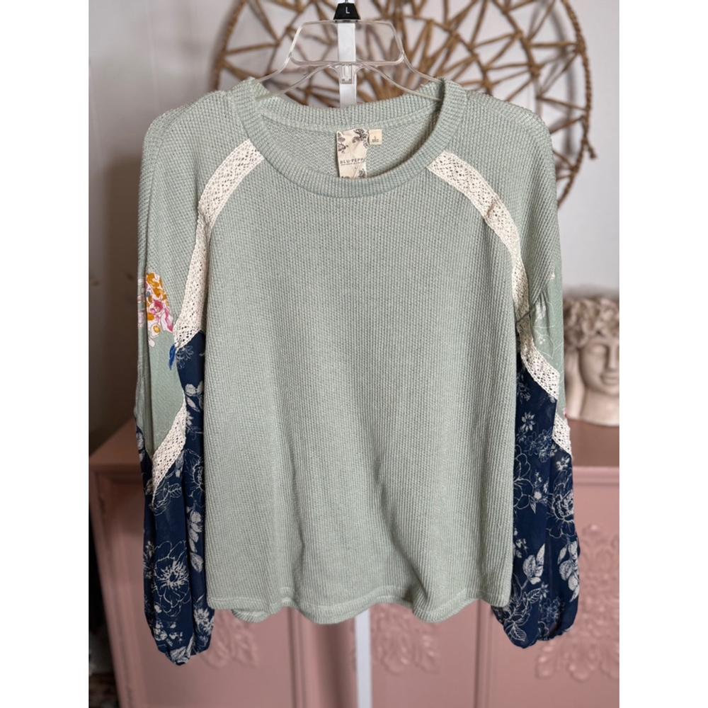 Floral Sleeve Sweater - Sage Green and Navy